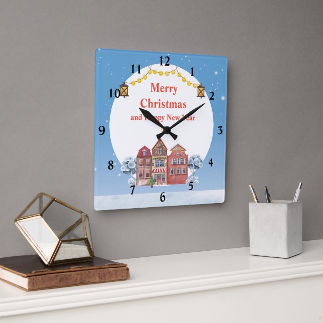 Relógio Quadrado Feliz Natal e Ano Novo 10,75"  (Escritório)