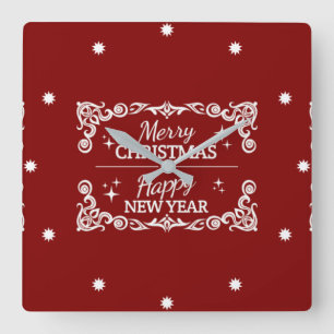 Relógio Quadrado Feliz Natal e o feliz ano novo vermelhos e brancos