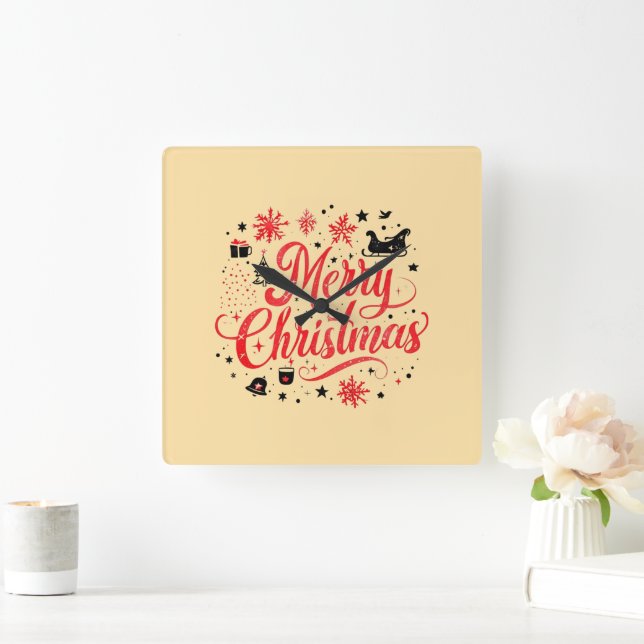 Relógio Quadrado Feliz Natal Moderno Design | Vermelho e Branco (Lar)