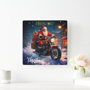 Relógio Quadrado Feliz Natal Papai Noel de Moto