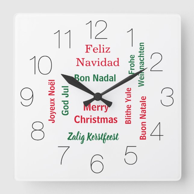 Relógio Quadrado Feliz Natal para diferentes idiomas (Frente)