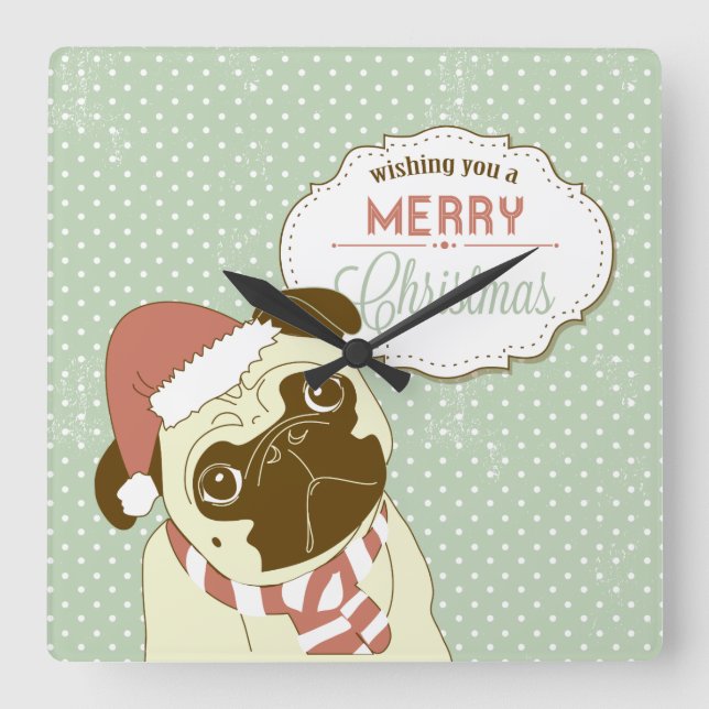 Relógio Quadrado Feliz Natal Pug Square Wall Clock (Frente)