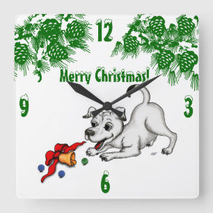 Relógio Quadrado Feliz Natal! Puppy com Bell e Ball