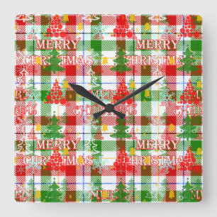 Relógio Quadrado Feliz Natal Xadrez Decorativa Tartan