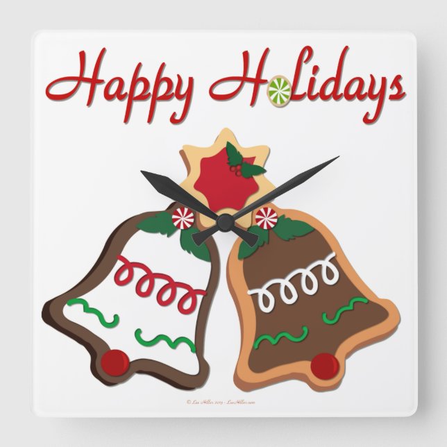 Relógio Quadrado Felizes Festas Biscoitos de Natal Bells (Frente)