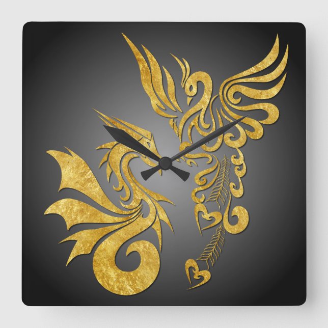 Relógio Quadrado Feng Shui Ouro Phoenix & Dragon Clock - preto (Frente)