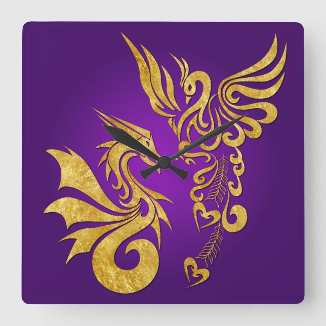Relógio Quadrado Feng Shui Ouro Phoenix & Dragon Clock - roxo (Frente)