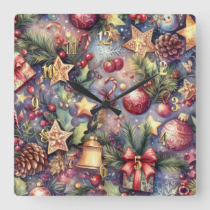 Relógio Quadrado Feriado de Motifs de Natal Roxo com Aquarela