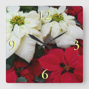 Relógio Quadrado Férias de Natal White e Red Poinsettias II