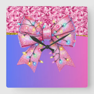 Relógio Quadrado Festa de Natal Bling Festivo Feliz Xmas Ligh