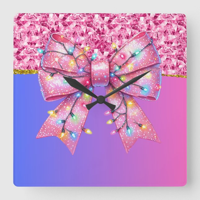 Relógio Quadrado Festa de Natal Bling Festivo Feliz Xmas Ligh (Frente)