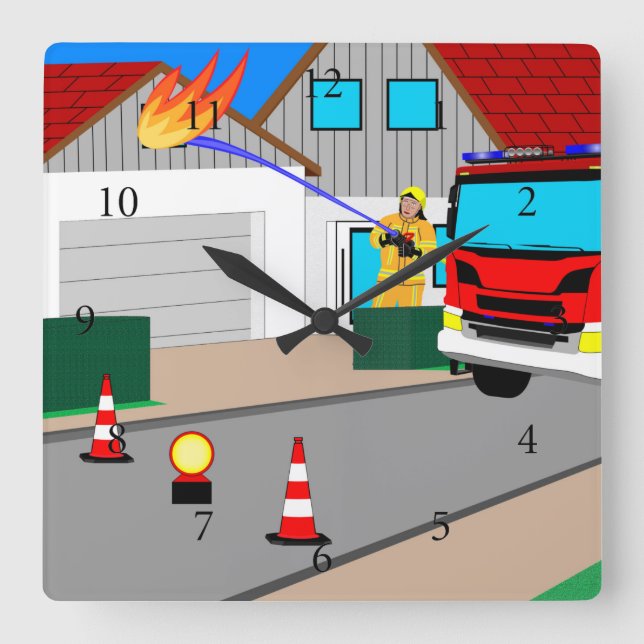 Relógio Quadrado Feuerwehrmann löscht Garagenbrand Quadratische Wan (Frente)