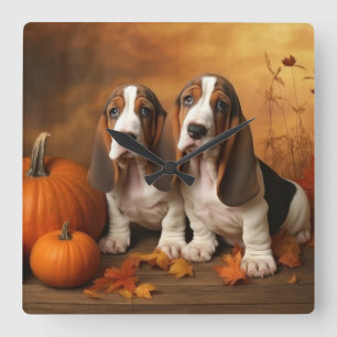 Relógio Quadrado Filhote de Basset Hound Delícia de Outono Abóbora