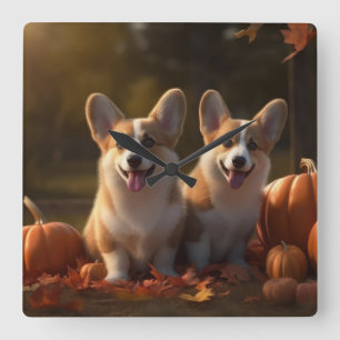 Relógio Quadrado Filhote de Corgi Delícia de Outono Abóbora