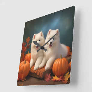 Relógio Quadrado Filhote de Samoyed Delícia de Outono Abóbora