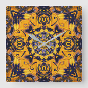 Relógio Quadrado Flame Hearts Blue and Gold Wall Clock