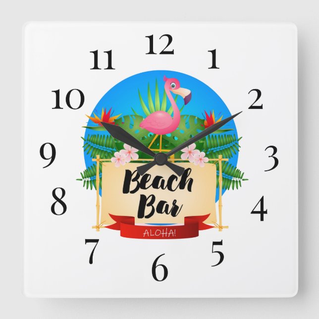 Relógio Quadrado Flamingo Beach Bar Square Wall Clock (Frente)