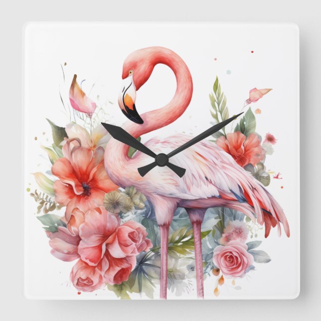 Relógio Quadrado FLAMINGO bonito DE PINCO DE ÁGUA COM FLORES (Frente)