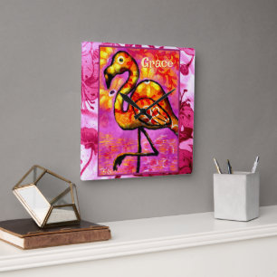 Relógio Quadrado Flamingo de Pássaro Abstrato Caprichoso Personali