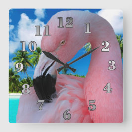 Relógio Quadrado Flamingo e Praia