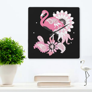 Relógio Quadrado Flamingo Rosa-Rosa-Rosa-Paisley Moderno