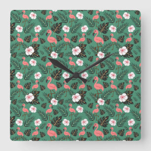Relógio Quadrado Flamingo seamless pattern pink on green background