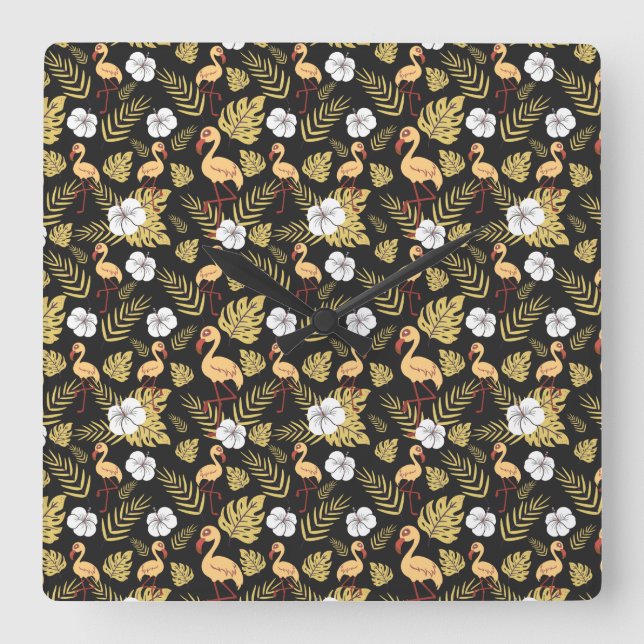 Relógio Quadrado Flamingo seamless pattern yellow and white flowers (Frente)