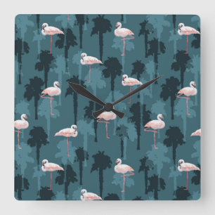 Relógio Quadrado Flamingos Pastel na cerceta
