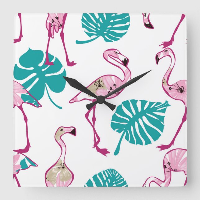 Relógio Quadrado Flamingos Rosa (Frente)