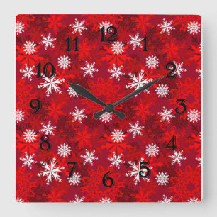 Relógio Quadrado Flocos de neve no fundo vermelho