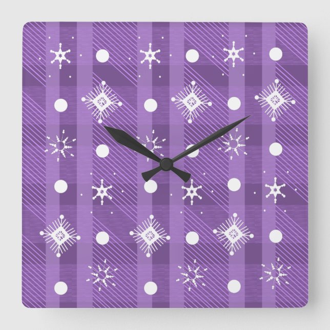 Relógio Quadrado Flocos de Neve Simples Xadrez Roxo (Frente)