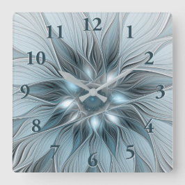 Relógio Quadrado Flor Abstrata Alegre Azul Cinza Fractal Floral