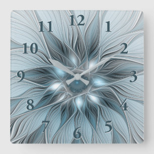 Relógio Quadrado Flor Abstrata Alegre Azul Cinza Fractal Floral