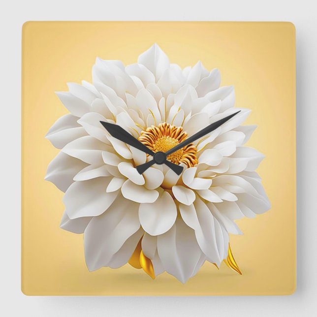Relógio Quadrado 🤍 Flor Branca 3D Decoração Elegante (Frente)