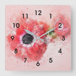 Relógio Quadrado Flor de Aquarela Rosa com Bufo de Flor