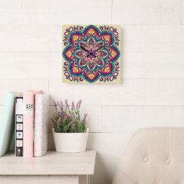 Relógio Quadrado Flor de Arte Folclórica Boho