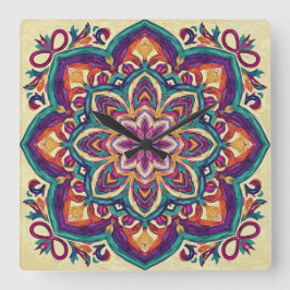 Relógio Quadrado Flor de Arte Folclórica Boho