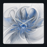Relógio Quadrado Flor de Arte Fracionada com Cinza Azul abstrato<br><div class="desc">Uma flor de fantasia única com tons de azul e cinza,  abstrato e elegante. Design para seu relógio quadrado de parede acrílica e muito mais.</div>