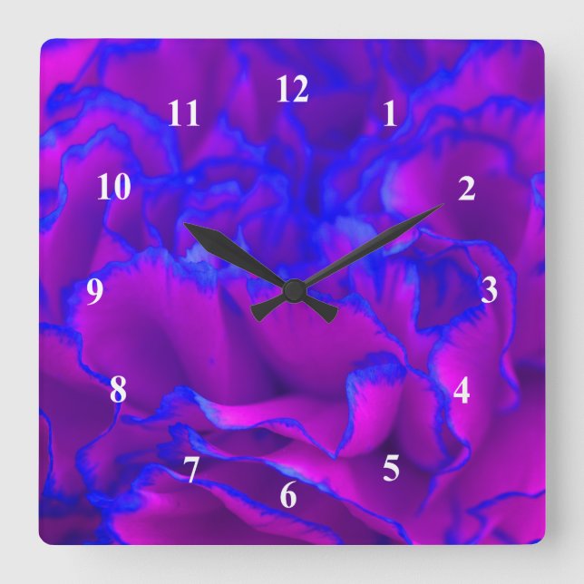 Relógio Quadrado Flor de craveiro a preto-e-rosa e azul (Frente)