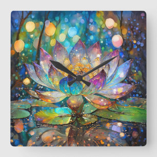 Relógio Quadrado Flor de Lótus Iluminada em Flor