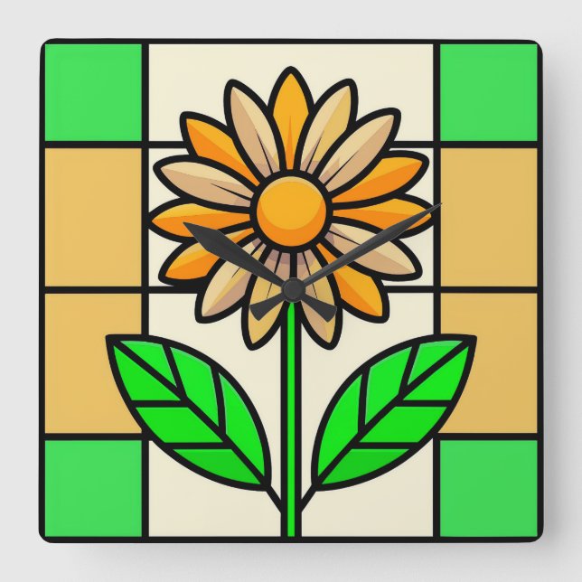 Relógio Quadrado Flor de vidro contida (Frente)