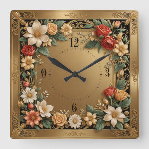 Relógio Quadrado Flor Dourado