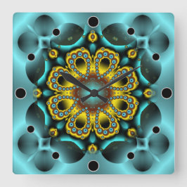 Relógio Quadrado Flor e Borboletas Azuis e Douradas