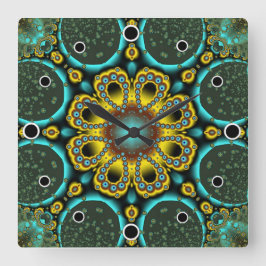 Relógio Quadrado Flor Fractal Azul e Dourada