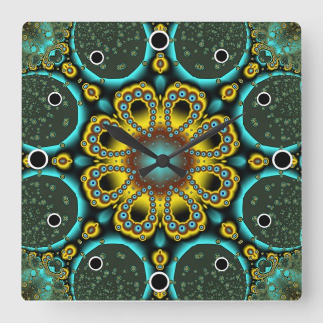 Relógio Quadrado Flor Fractal Azul e Dourada (Frente)