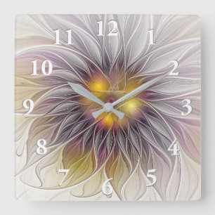 Relógio Quadrado Flor Luminosa Colorida, Fractal Moderno Abstrato