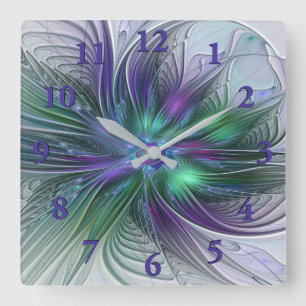 Relógio Quadrado Flor Verde Roxo Moderna Abstrato de Arte Fractal