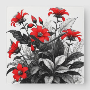 Relógio Quadrado Flor Vermelha Na Planta Branca Preta