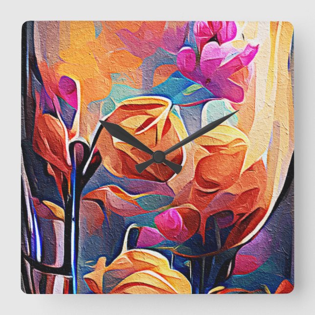 Relógio Quadrado Floral Abstract Art Orange Red Blue Flowers (Frente)