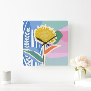 Relógio Quadrado Floral Abstrato Dente-de-Leão Blocos de Cor Modern